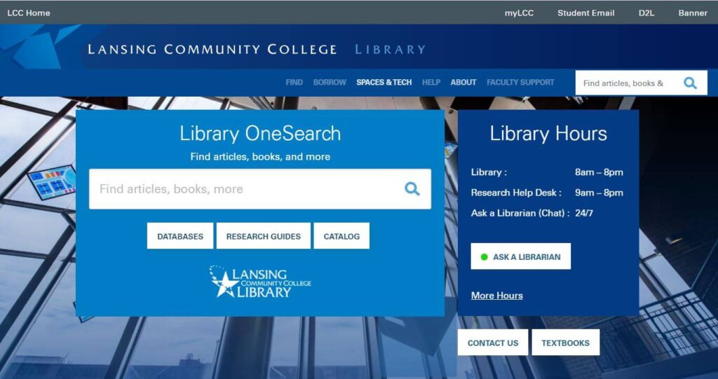 Homepage of the Lansing Community College Library website with a Library OneSearch box, Library hours and access to Databases, Research Guides, and Catalog