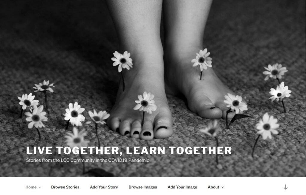 Homepage of Live Together, Learning Together, Stories from the LCC Community in the COVID-19 Pandemic, image of feet on a carpet with small flowers around them