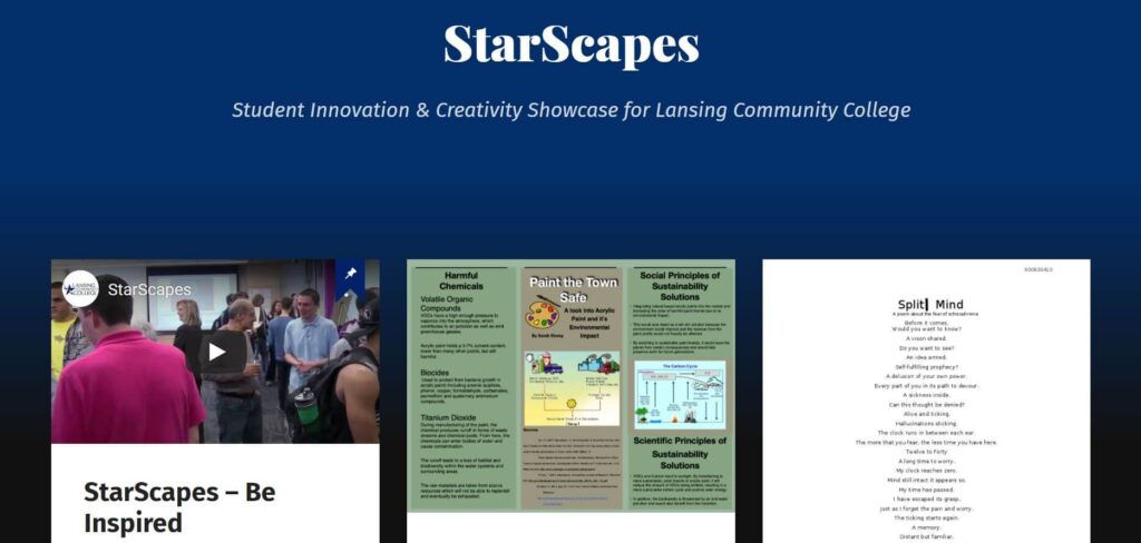 Homepag of StarScapes: Student Innovation and Creativity Showcase for Lansing Community College, website with posters shared by students