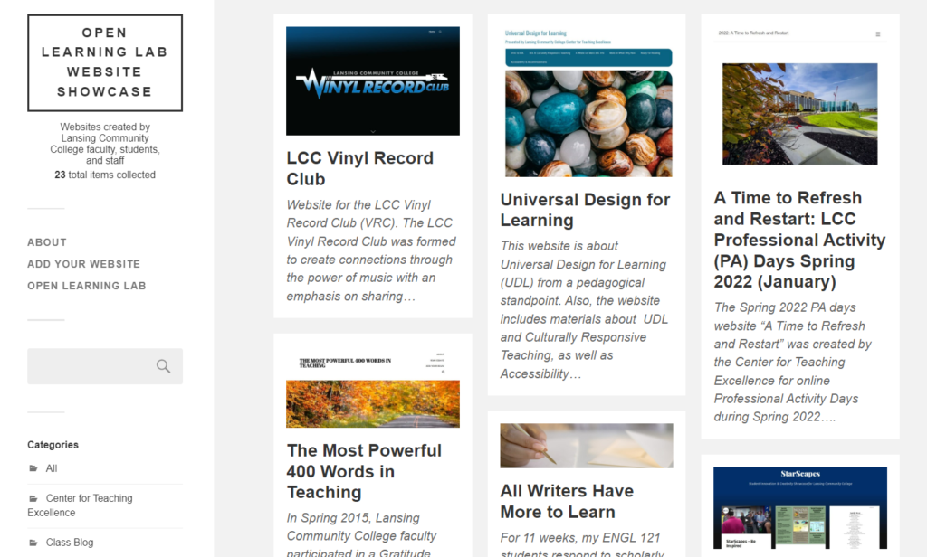 Homepage of Open Learning Lab Showcase Website with a box about each website
