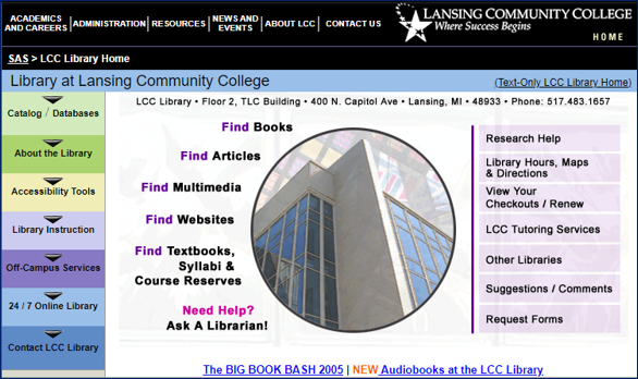 Library website homepage in 2005