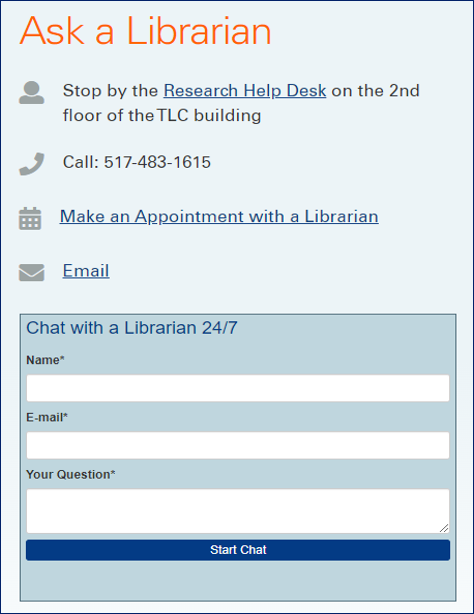 Revised Ask a Librarian box on website using icons and putting all research help options about the chat box.