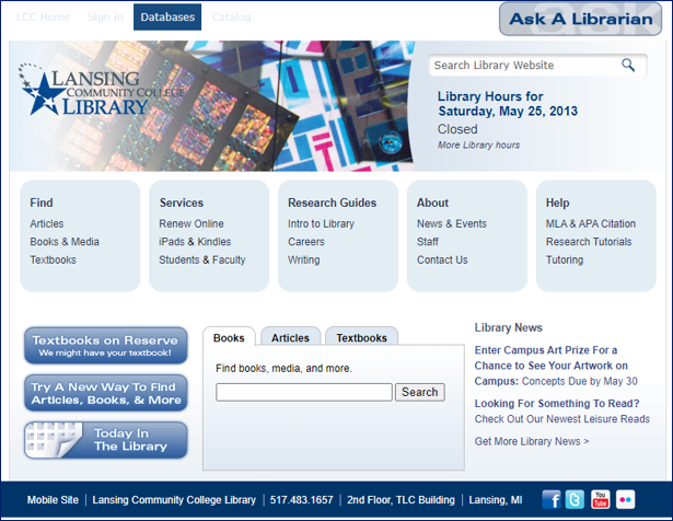 Library website homepage in 2013