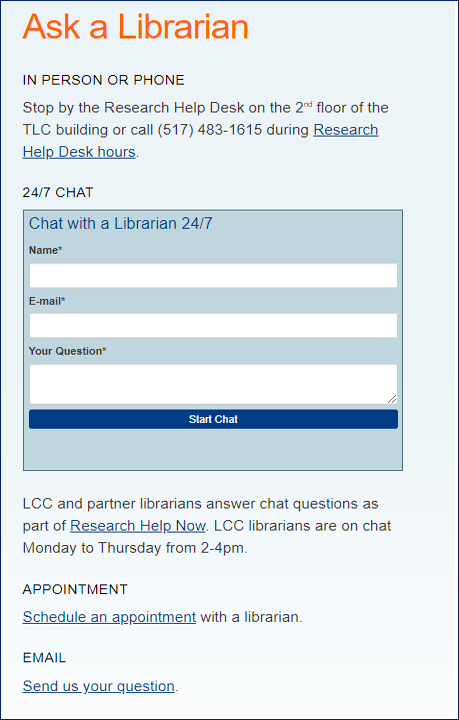 Ask a Librarian box on website with links to different types of assistance